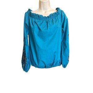 Ryu Off-Shoulder Embroidered Blouse Teal Top M 100% Cotton Boho Chic Stylish NWT